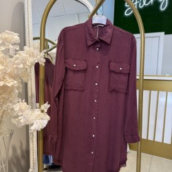 CEPLİ PÜSKÜL DETAYLI TENSEL GÖMLEK BORDO