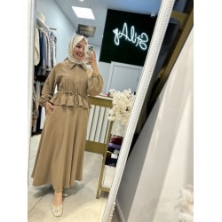 BEL BÜZGÜLÜ NAKIŞ DETAYLI ETEKLİ TAKIM KOYU BEJ