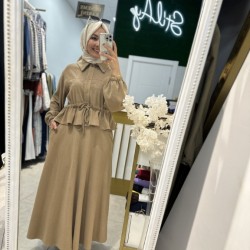 BEL BÜZGÜLÜ NAKIŞ DETAYLI ETEKLİ TAKIM KOYU BEJ