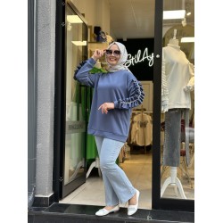 FIRFIR DETAYLI IŞILTILI SWEAT İNDİGO