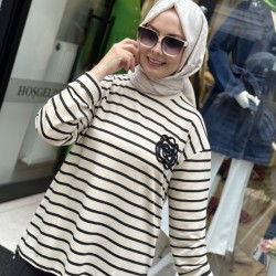 GÜL MOTİFLİ ÇİZGİLİ SWEAT BEJ 