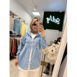 KAPŞONLU TENSEL KOT GÖMLEK AÇIK MAVİ