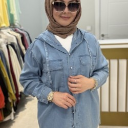 KAPŞONLU TENSEL KOT GÖMLEK AÇIK MAVİ