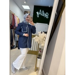 NAKIŞ DETAYLI DENİM GÖMLEK KOYU MAVİ