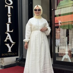 NERVÜR DİKİŞ DETAYLI ELBİSE EKRU