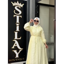 NERVÜR DİKİŞ DETAYLI ELBİSE SOFT SARI 