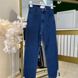 PAÇASI İNCİ DETAYLI KOT PANTOLON KOYU MAVİ