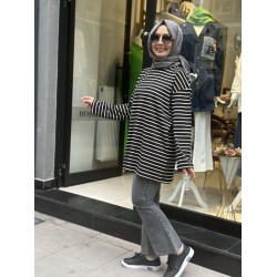 RELAX ÇİZGİLİ SWEAT SİYAH