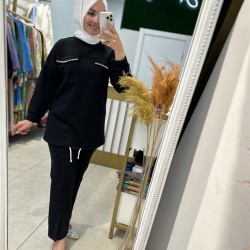 TAŞ DETAYLI SPOR TAKIM SİYAH