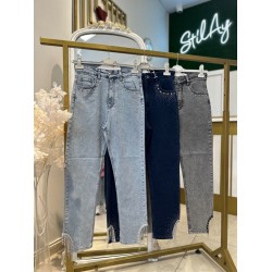 TAŞLI ZİNCİR DETAYLI KOT PANTOLON KOYU MAVİ