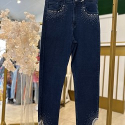 TAŞLI ZİNCİR DETAYLI KOT PANTOLON KOYU MAVİ