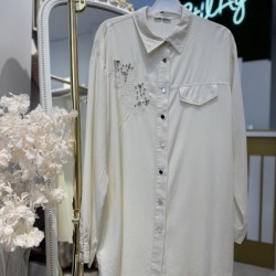 YAPRAK DESENLİ TAŞLI TENSEL GÖMLEK EKRU