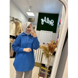 YAKA VE FERMUAR DETAYLI TRİKO PETROL MAVİSİ