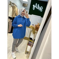 YAKA VE FERMUAR DETAYLI TRİKO PETROL MAVİSİ