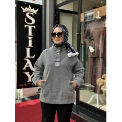 ÇITÇITLI TAŞ DETAYLI KOT TUNİK GRİ