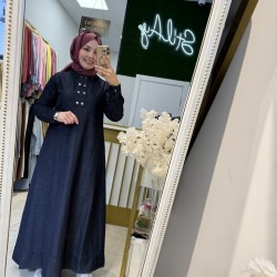 ÖNÜ ÇITÇITLI DENİM ELBİSE KOYU LACİVERT